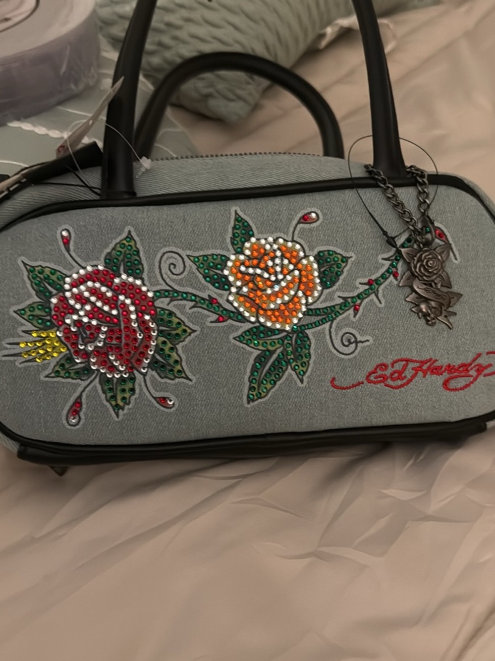 Ed Hardy Gray Satchel with Red & Orange Rhinestone Rose Accents